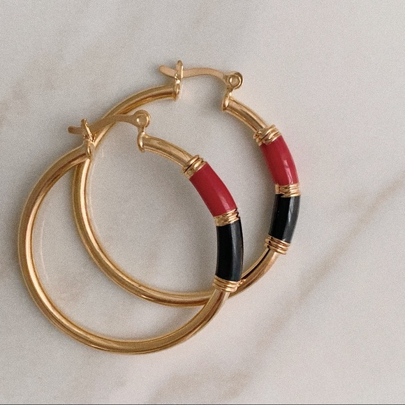 11thstreet Jewelry - Red Black Enamel Tube Hoops | 18k Gold Filled